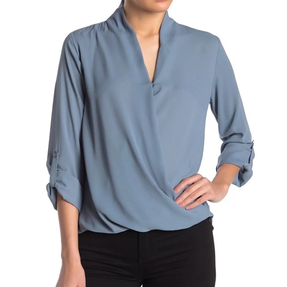 Pleione Tops - PLEIONE Solid Surplice High/Low Blouse in Caspian Blue in Large